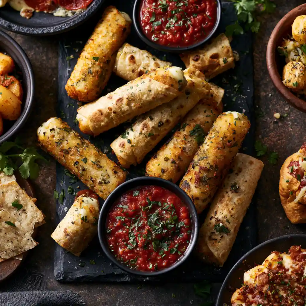 Tortilla mozzarella sticks au airfryer 7 Tortilla mozzarella sticks au airfryer dorés sur ardoise sombre avec sauce marinara et herbes fraîches dans un plateau apéro complet