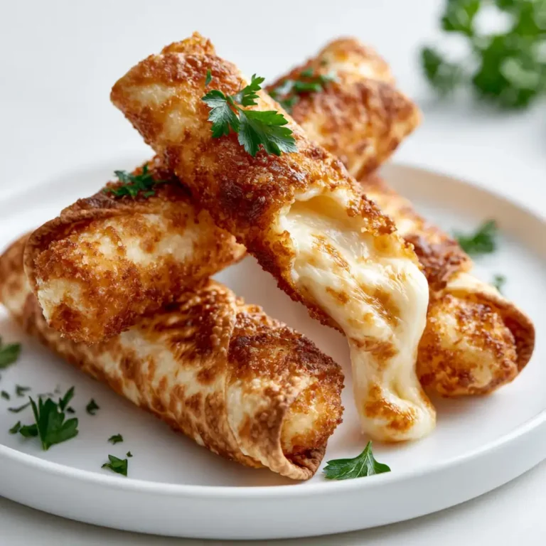 Tortilla mozzarella sticks au airfryer dorés sur assiette blanche avec fromage fondu visible et persil frais sur fond blanc