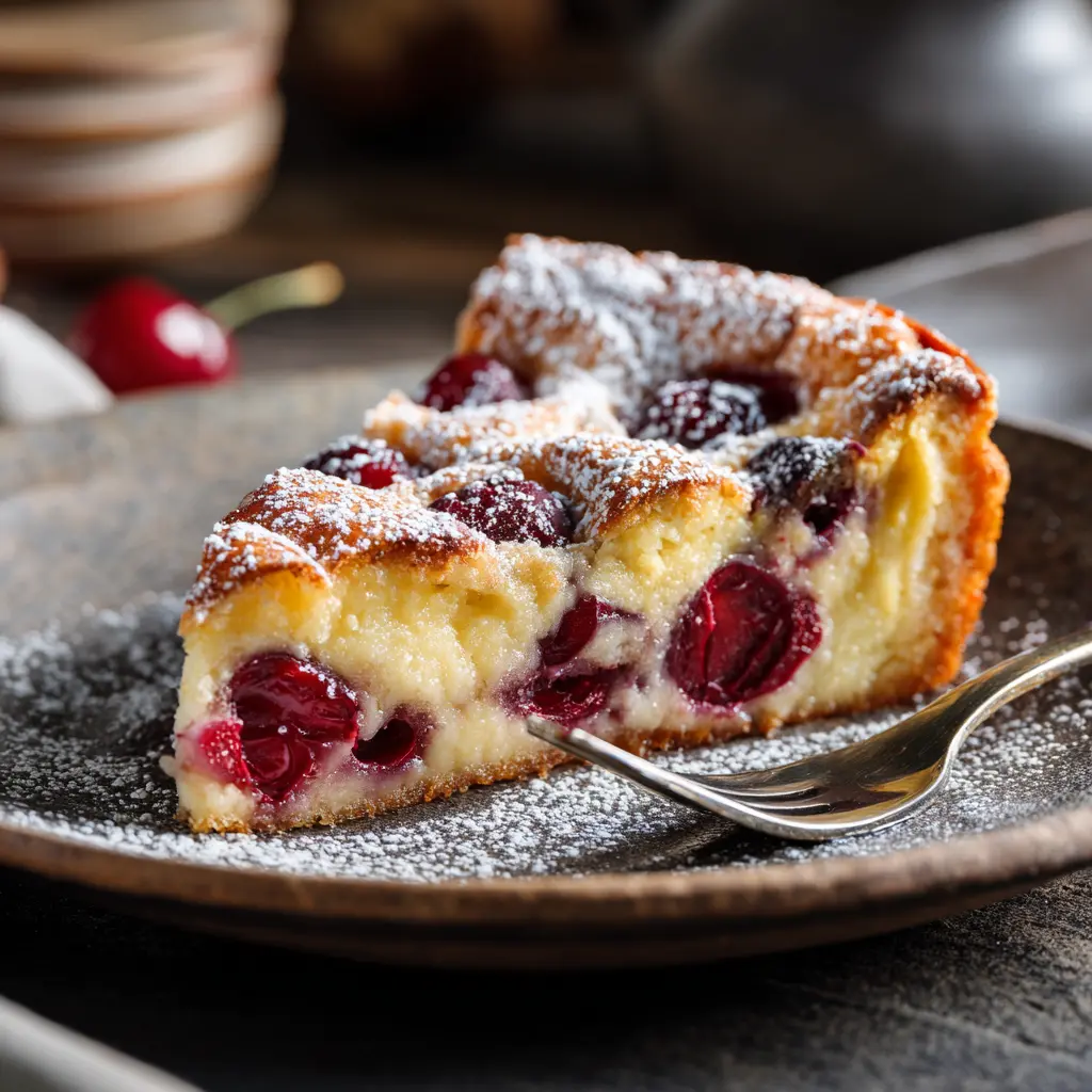 Clafoutis aux cerises au air fryer 5 Part de clafoutis aux cerises au air fryer servie à table