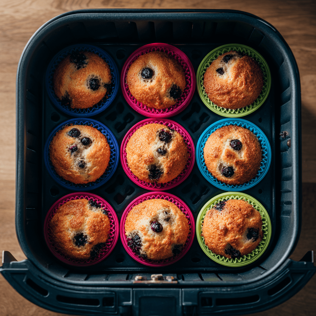 Muffins aux myrtilles au Airfryer 4 Muffins aux myrtilles au Airfryer dans le panier de cuisson